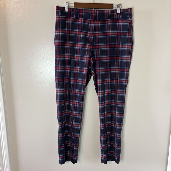 Talbots Hampshire Ankle Pants Red Blue Plaid Wool Blend Straight Leg Sz 12 - Picture 1 of 7